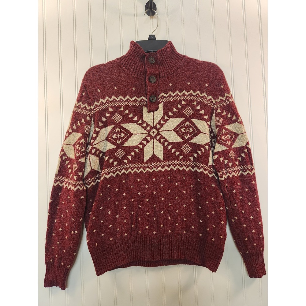 American Eagle Mens Fair Isle Snowflake Mock Neck Button Sweater Burgundy Red S